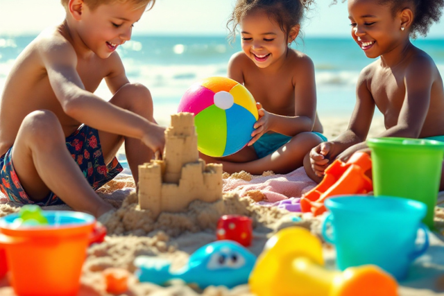Drei Kinder genie&szlig;en das Spielen am Strand mit Sandspielzeug, gut gepflegt durch die Kinderpflegeprodukte von Macrovita &amp; Olive-elia